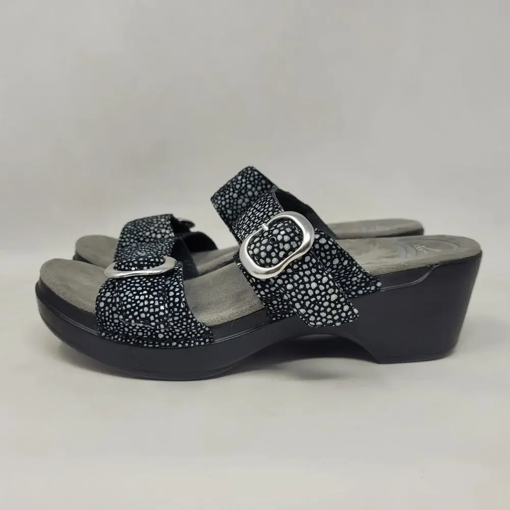 Dansko Sandals EU38‎ US8 Black Shagreen Sophie Leather Slides Heeled Slip On